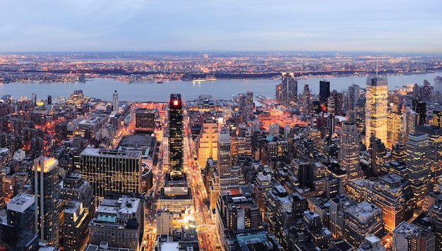 New York City Manhattan skyline panorama aerial view at dusk