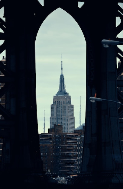 NEW YORK CITY, NY - JUL 11: Empire State Building through Manhattan Bridge on July 11, 2014 in New York City. It is a 102-story landmark and was world's tallest building for more than 40 years.