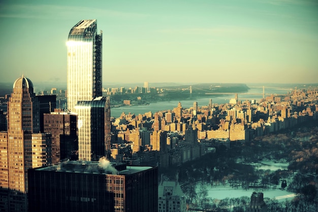 New York City skyscrapers rooftop urban view.