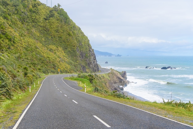 Free photo new zealand coastal highway: a scenic road winds along the western shore of new zealand's south island.