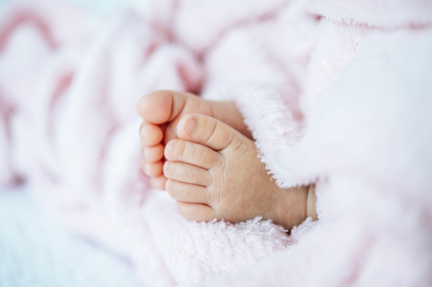 Free photo newborn baby feet on a white blanket