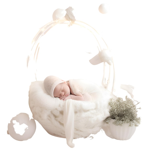 Free photo newborn baby sleeping in a basket on a white background isolated