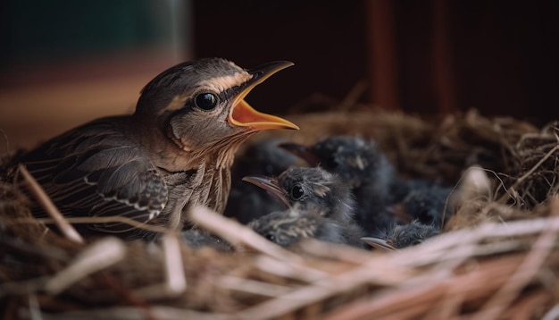 Newborn chick emerging from cozy animal nest generated by AI