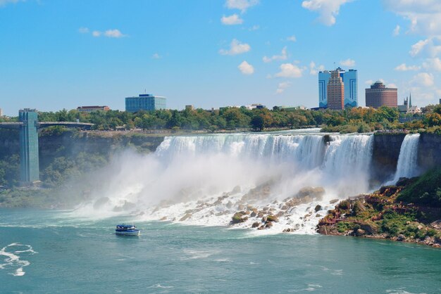 Niagara Falls closeup in the day over river with rocks and boat