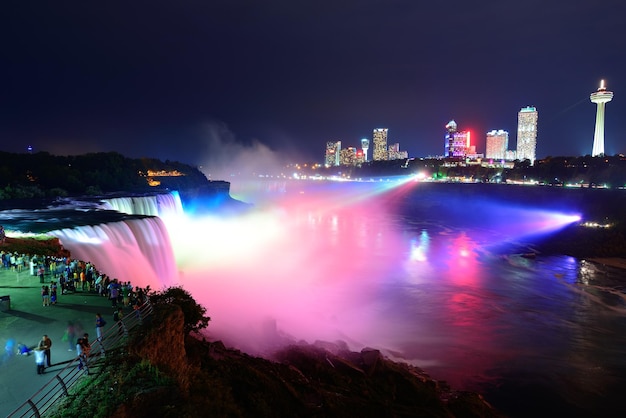 Niagara Falls lit at night by colorful lights