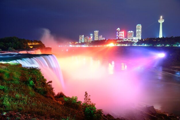 Niagara Falls lit at night by colorful lights