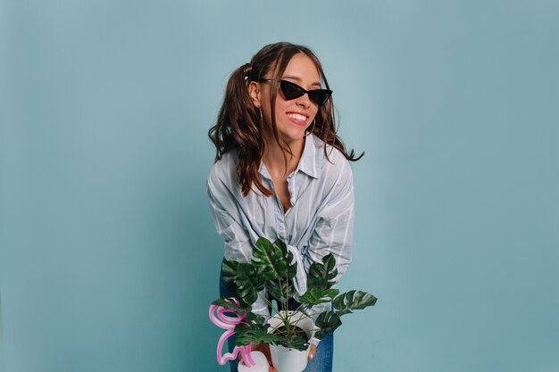 Nice beautiful woman with dark hair, wearing blue shirt, holding flowerpot and smiling, posing against a blue wall