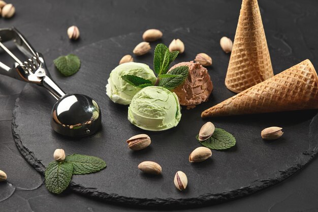 Nice chocolate and pistachio ice cream decorated with mint, waffle cones with scattered pistachios are nearby, served with a metal scoop on a stone slate over a black background. Close-up.