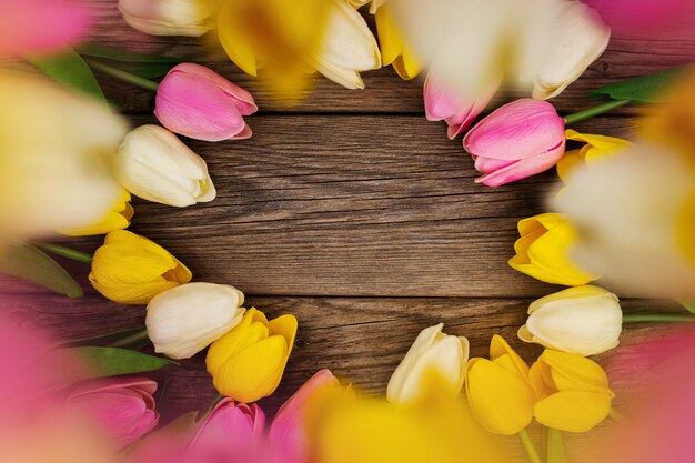 Nice composition with colored tulips with copy space on wooden