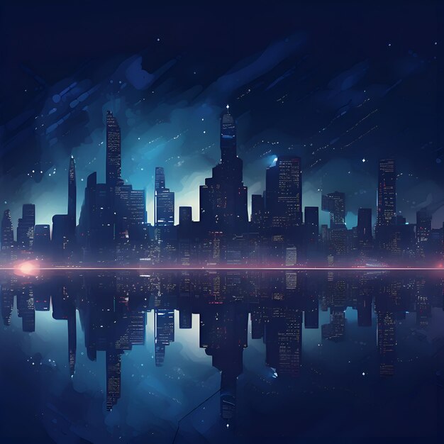 Night city with skyscrapers and reflection in water Vector illustration