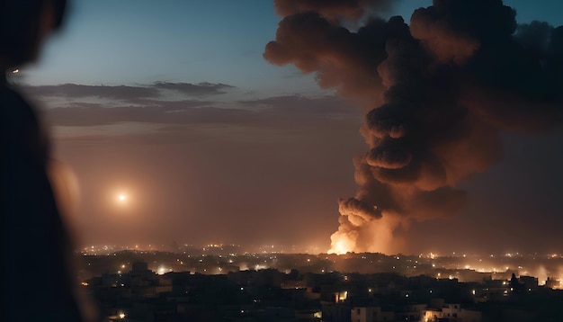 Night cityscape with heavy smoke from burning buildings and streets at night