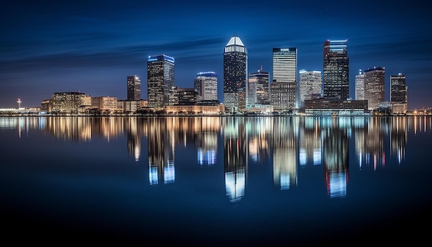 Free photo night cityscape with skyscrapers reflecting in the illuminated blue water generated by artificial intelligence