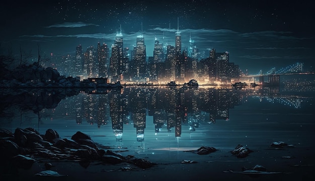 Night cityscape with skyscrapers water reflection and architecture generative AI