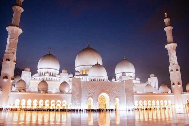 Night covers beautiful Shekh Zayed Grand Mosque illuminated with yellow lights