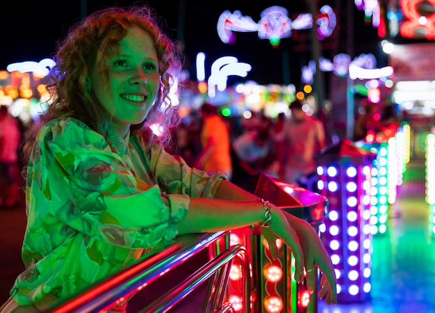 Night lights reflection on beautiful woman