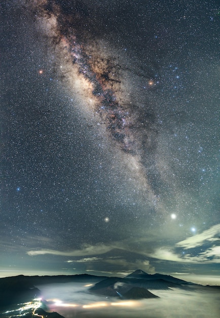 Night mountain landscape and Milky way galaxy 