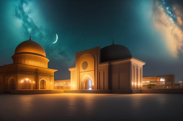 Free photo a night scene with a mosque and the moon