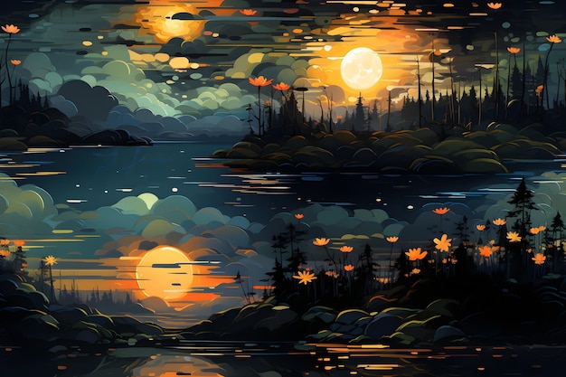 Free Photo night time lake cartoon illustration