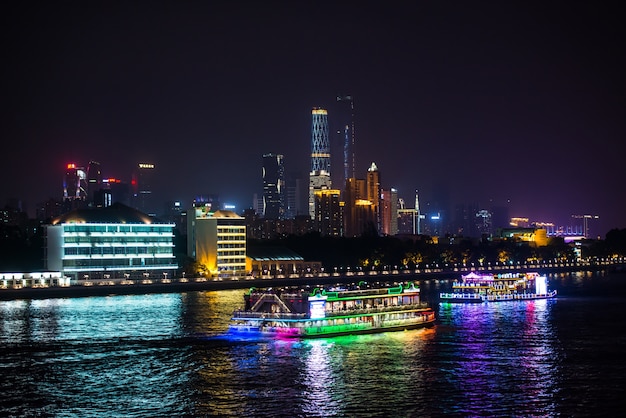 Night view of the city with ships on the water