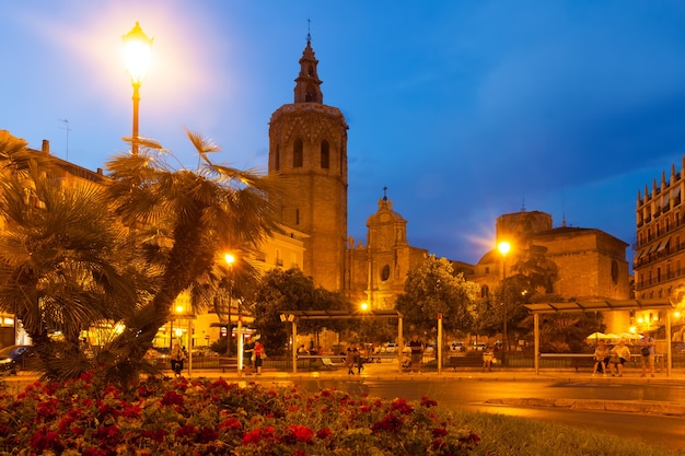 Night view of Micalet tower and Cathedral. Valencia, Spain