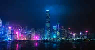 Free photo night view of victoria harbor, hong kong