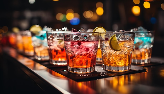 Nightclub bar counter illuminated glass pouring refreshing whiskey cocktail generated by artificial intelligence