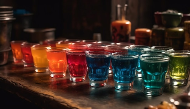 Free photo nightclub celebration with multi colored cocktails on a wooden bar counter generated by artificial intelligence