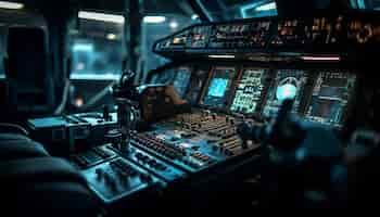 Free photo nighttime cockpit of commercial airplane with illuminated control panel and speedometer generated by ai