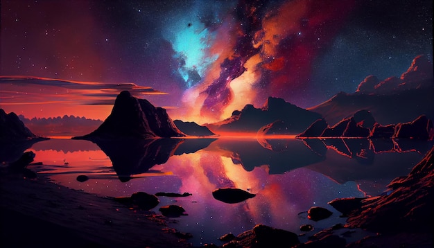 Free photo nighttime nature landscape galaxy mountain water star beauty generative ai