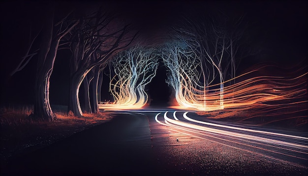 Free photo nighttime traffic speeds through a glowing forest tunnel generative ai