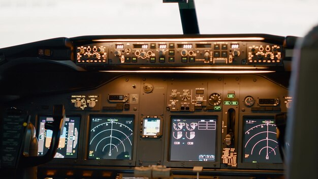 No people in plane cockpit to fly airplane with navigation, using dashboard and control panel command to takeoff with engine throttle. Aviation jet with power buttons and switch lever. Close up.