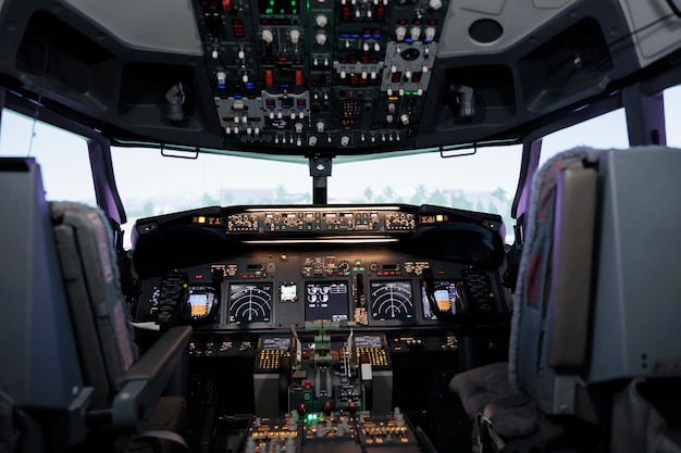 Free Photo nobody in empty airplane cockpit with dashboard command and power buttons, switch, lever and handle. no people in cabin with control panel navigation and radar compass, engine throttle.