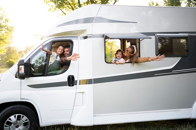 Nomad family having fun together in tiny house