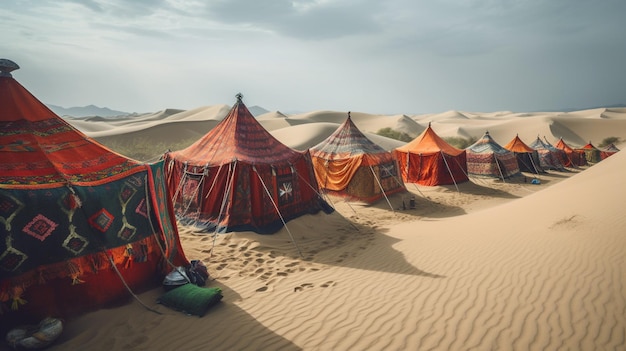 Free photo nomadic tribes setting up colorful tents in the midst of endless sand dunes