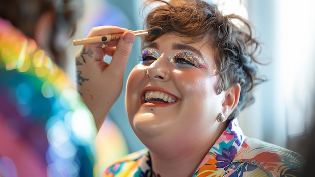 Free photo nonbinary person getting ready for a pride event putting on makeup and smiling