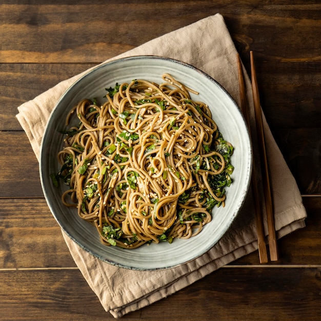 Noodles in a bowl composition