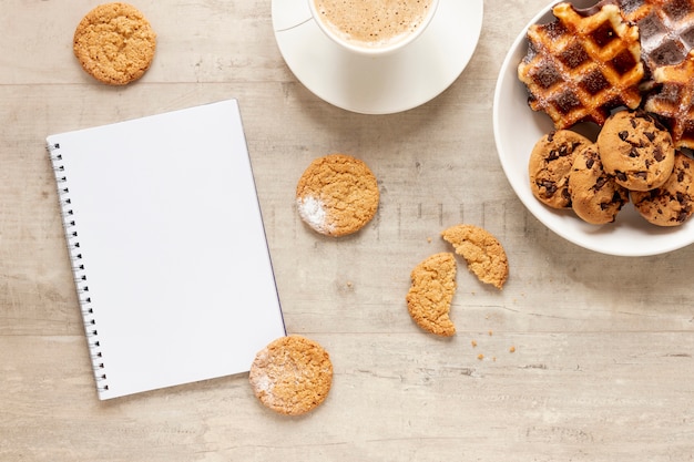 Notebook cookies and coffee