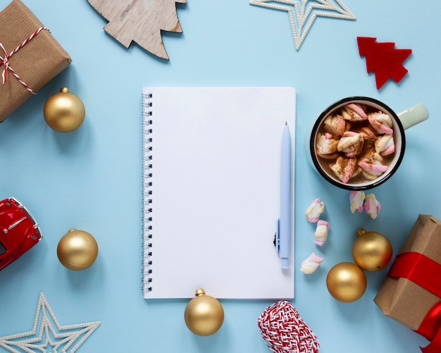 Notebook mock-up with christmas decorations