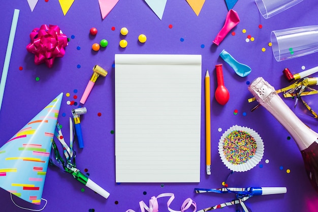 Notebook and party decorations