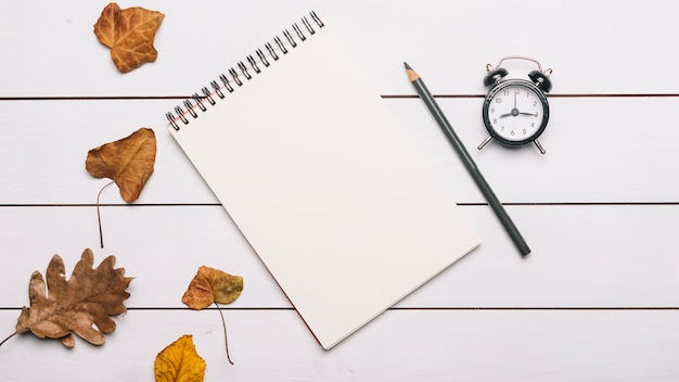 Notebook and pencil near leaves and alarm clock