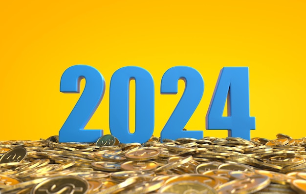 Free photo the number 2024 rise from the pile of gold coins the business concept