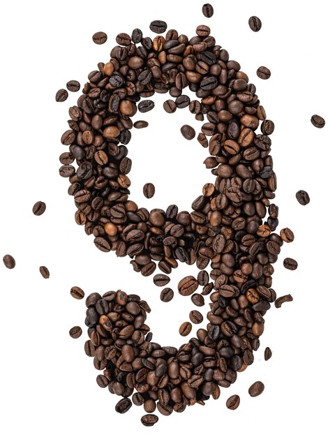 Number made from roasted coffee beans on white isolated background