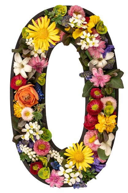 Number made of real natural flowers and leaves on transparent background