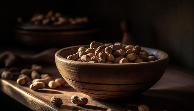 Nutritious nuts in wooden bowl on table generated by AI