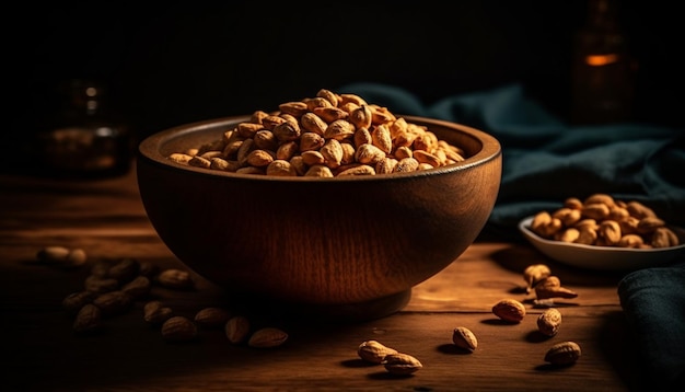 Nutty snack bowl cashews almonds walnuts pecans generated by AI