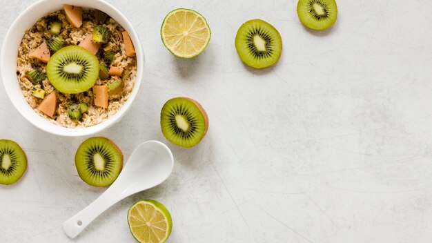 Oatmeal and kiwi with copy space