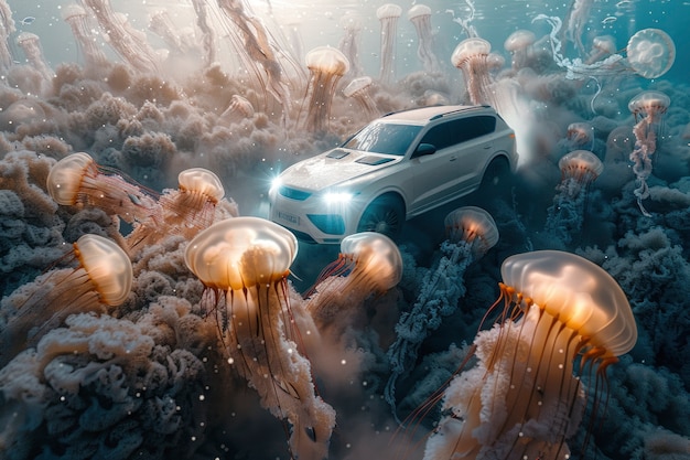 Free Photo off-road car in fantasy scene