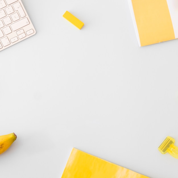 Office accessories scattered on table