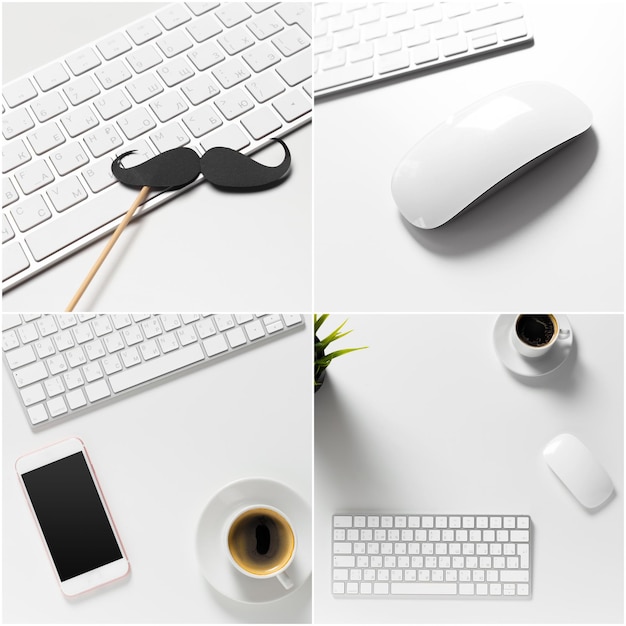 Office desk table with computer supplies and coffee cup