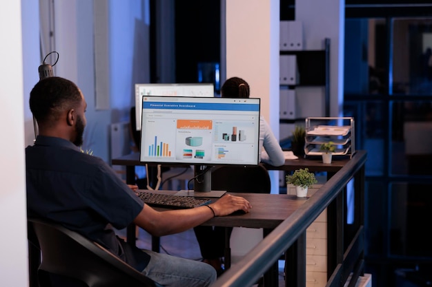 Office worker analyzing business information on computer software, working with statistics and data research to plan project and presentation. Creating report with charts on monitor.